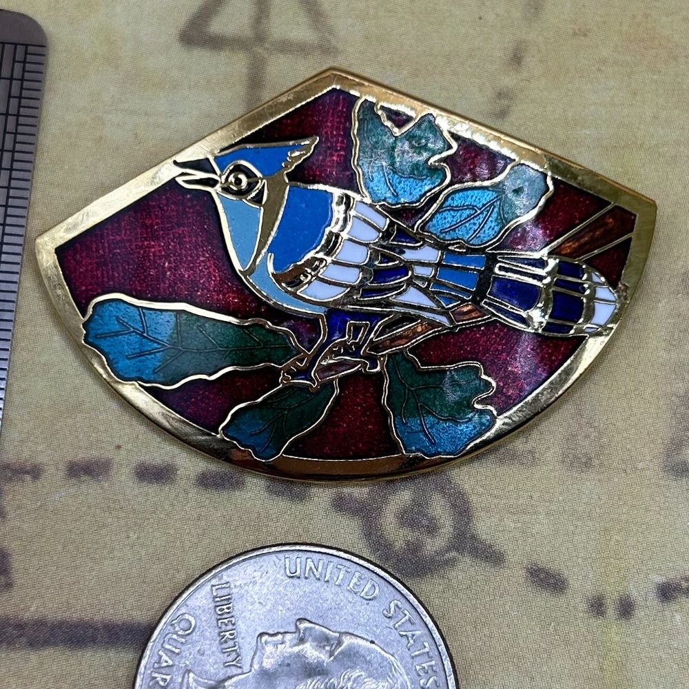 Vintage Blue Jay BlueJay Bird Brooch Wine Red Black Pin Gold Tone Fan Shaped